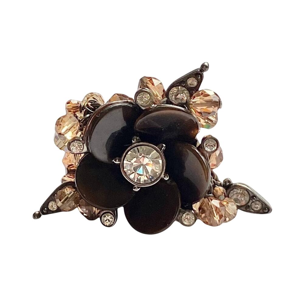 Christian Dior Brown Beaded Crystal Resin Flower Charm Cocktail Ring Sz. 5